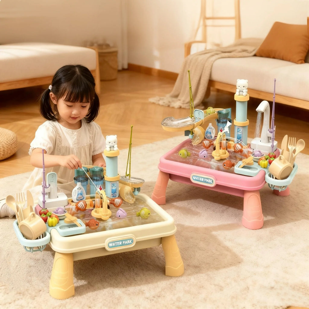 Children's water play toys: water, food and fruit washing simulation bowl, automatic kitchen, magnetic fishing, educational toys