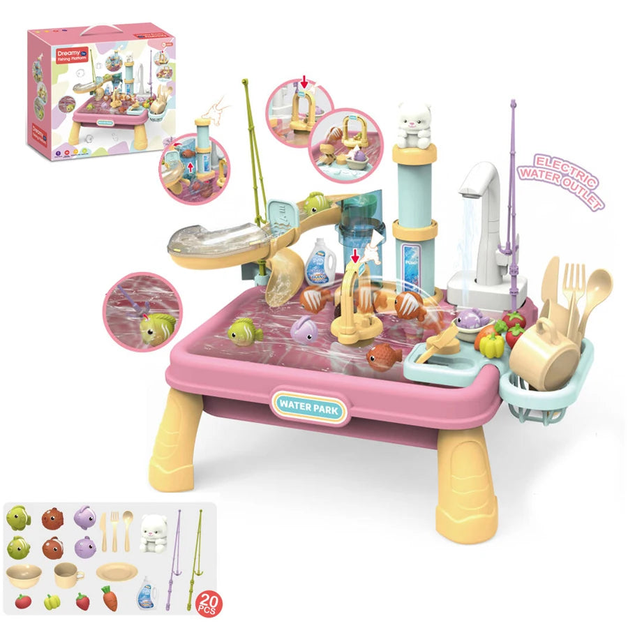 Children's water play toys: water, food and fruit washing simulation bowl, automatic kitchen, magnetic fishing, educational toys