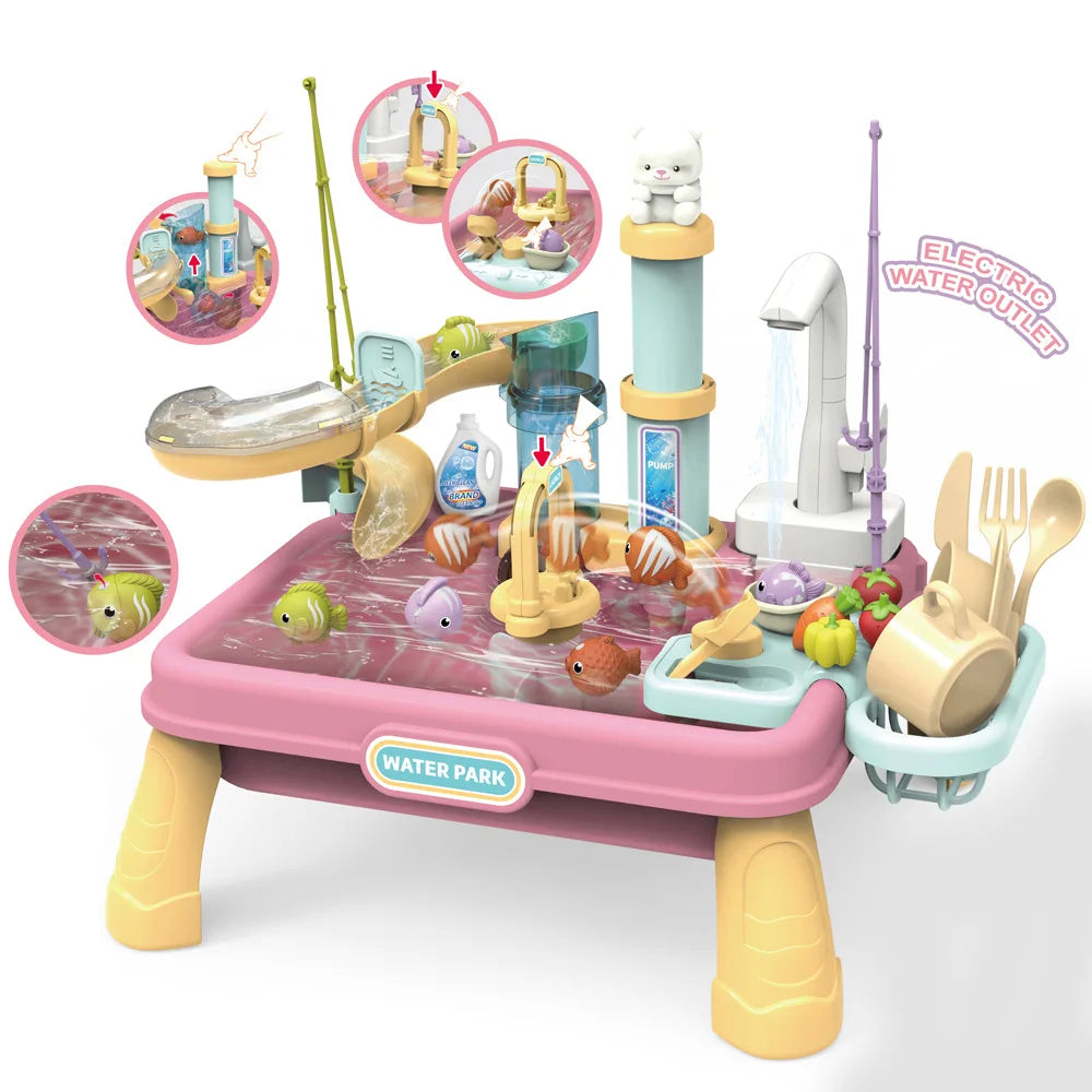 Children's water play toys: water, food and fruit washing simulation bowl, automatic kitchen, magnetic fishing, educational toys