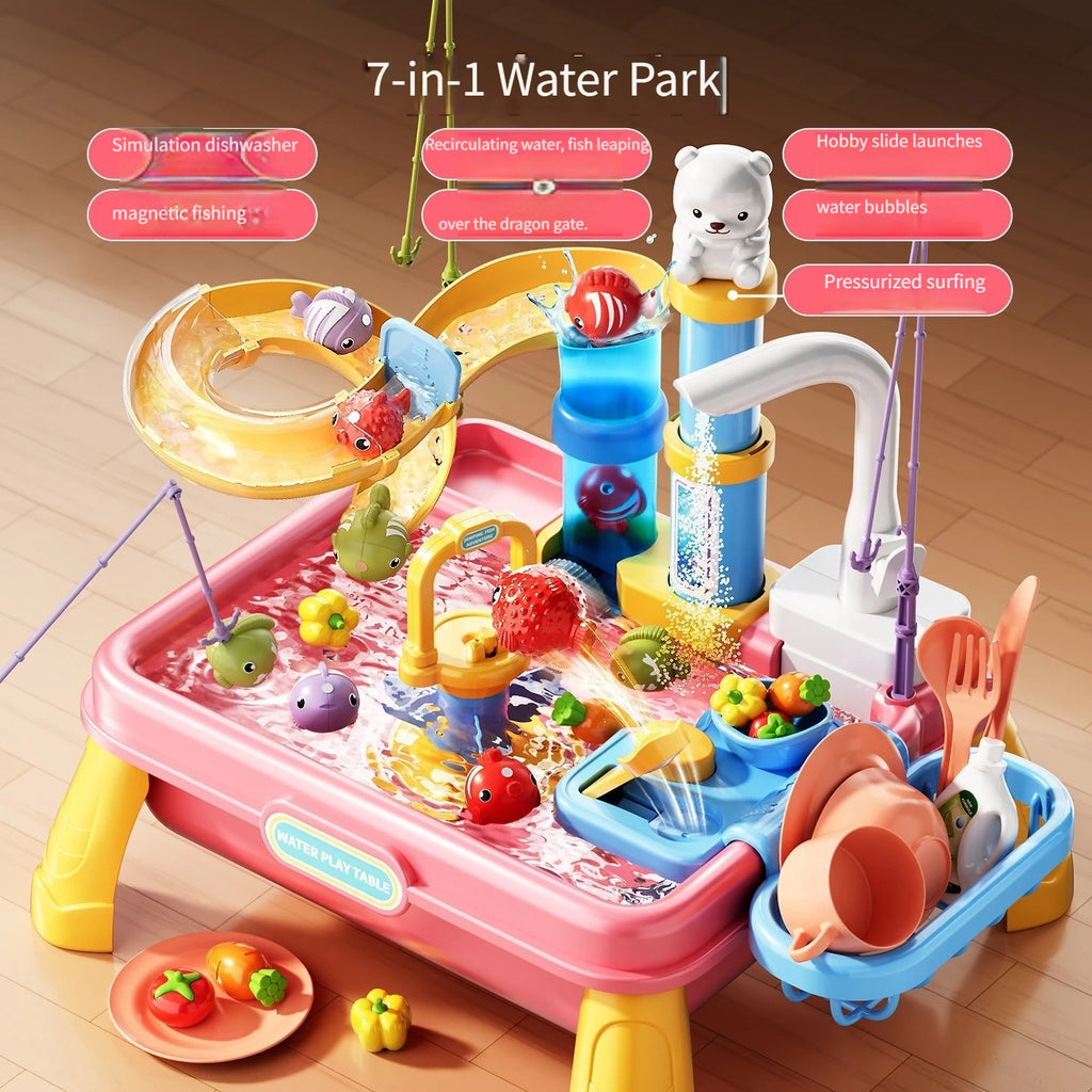 Children's water play toys: water, food and fruit washing simulation bowl, automatic kitchen, magnetic fishing, educational toys