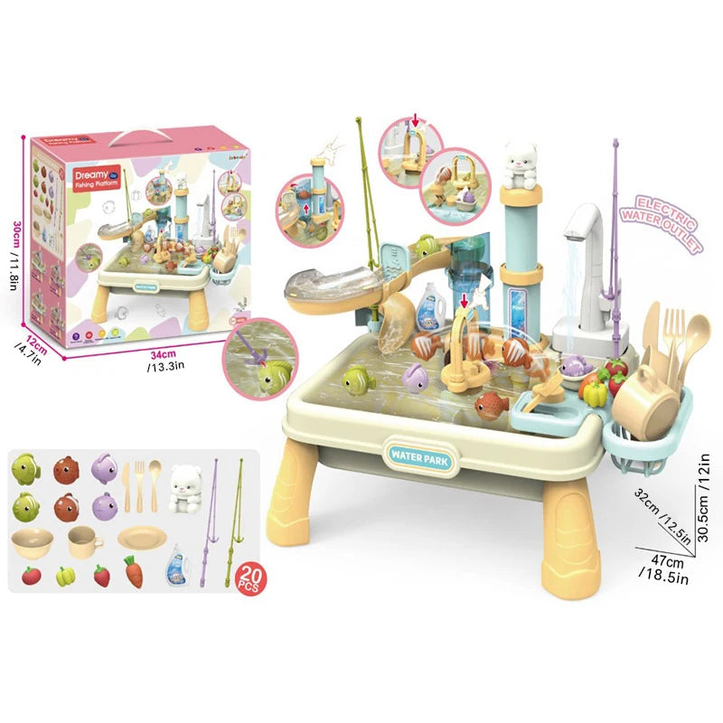 Children's water play toys: water, food and fruit washing simulation bowl, automatic kitchen, magnetic fishing, educational toys