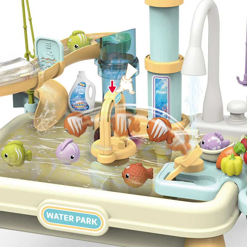 Children's water play toys: water, food and fruit washing simulation bowl, automatic kitchen, magnetic fishing, educational toys